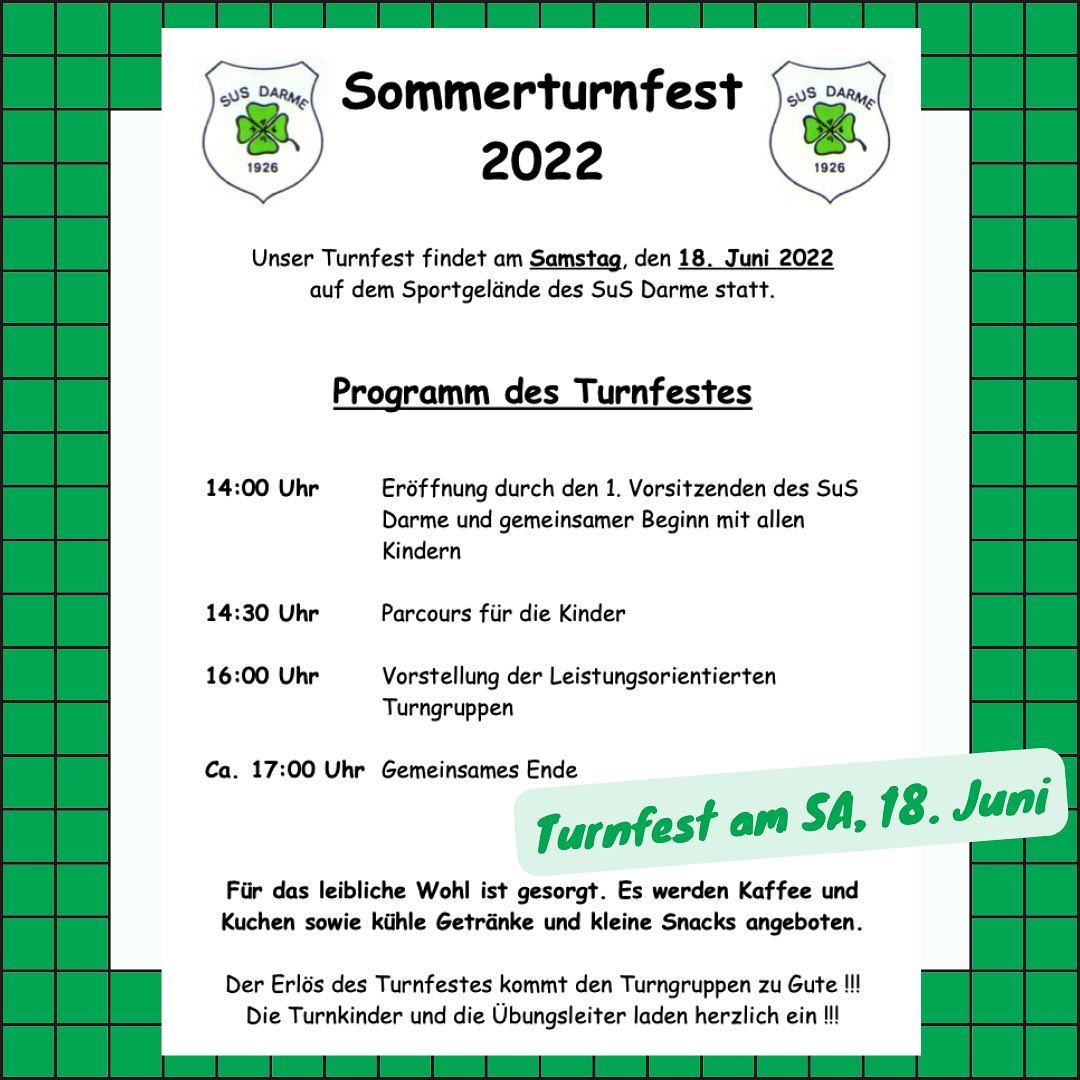 🍀 SA, 18. Juni: Turnfest am Darmer Sportzentrum